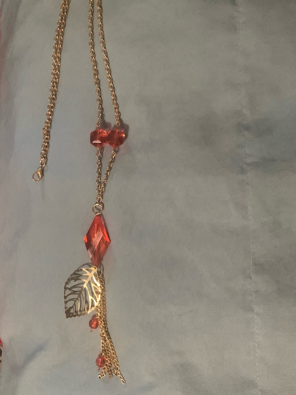 Vintage Park Lane Gold-Tone Necklace with Red Crystal Beads and Leaf Tassel